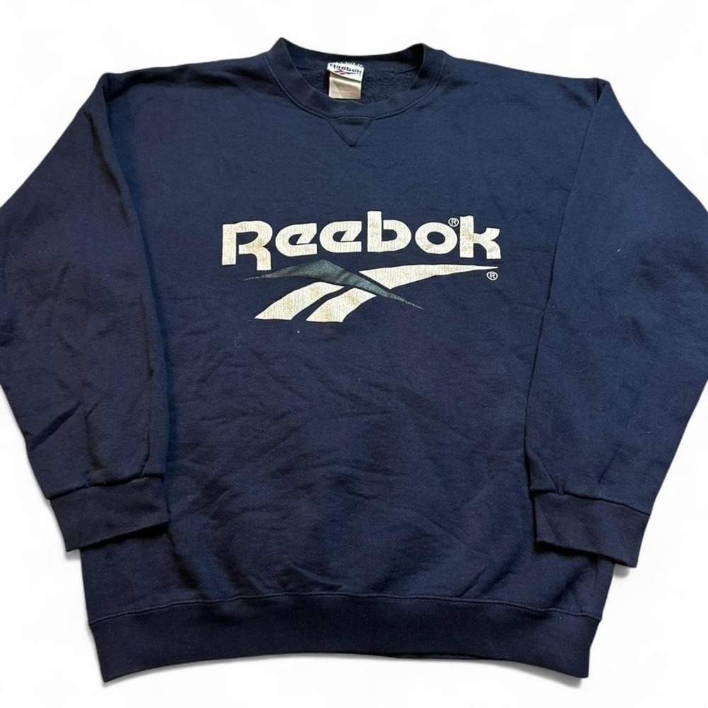 Vintage 90s Reebok spellout logo navy‎ crewneck sweatshirt size XL